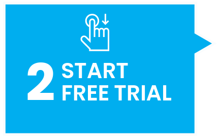 Medium blue graphic with 2 and start icon with words start free trial